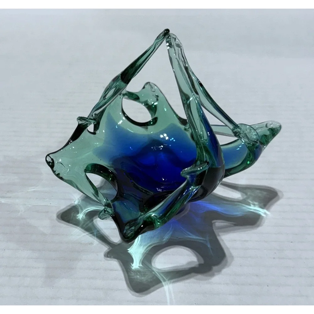 Vintage Murano Style MCM Blue‎ Green Art Glass Basket - Size 4.5 x 4.5 x 4